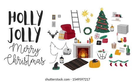 Christmas home decorations Scandinavian interior set. Cozy Winter holiday season. Illustration and New year typography in Hygge style