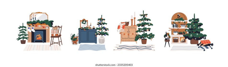 Decoración navideña. Cómodos diseños navideños de Navidad con abetos, baubles, composiciones de ornamentos. Decoración de Año Nuevo con árbol de leña. Ilustraciones gráficas planas vectoriales aisladas en fondo blanco