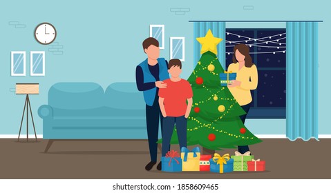 Christmas at home. Family decorated christmas tree and put gifts. Winter holiday celebration. Parents surprising his son with Christmas gift. Holiday evening new year apartment vector illustration.