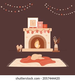 Christmas home with fireplace, cute cat sleeping on red blanket. Brick fireplace decorated bunting with flags, picture and gift boxes on shelf. Dark vector illustration, cozy home, stars lights.