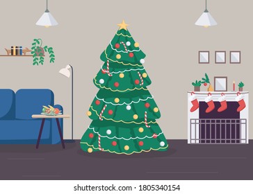 Christmas at home flat color vector illustration. New Year celebration at household. Traditional family holiday. Christmas tree 2D cartoon object with house festive decoration on background
