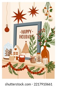 Christmas home greeting card. Happy holidays vector print.