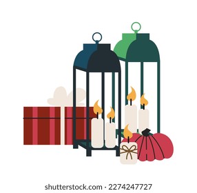 Christmas home interior. Candlesticks with burning candles and wrapped gift. Traditional decorations for winter holiday. Happy New Year. Cartoon flat vector illustration isolated on white background