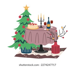 Christmas home interior. Festive dinner with champagne and cake. Beautiful decorated Christmas tree for winter holiday. Happy New Year. Cartoon flat vector illustration isolated on white background