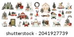 Christmas home interior with holiday decorations wreath, tree, gift, candles, table with food, fireplace with armchair. Cozy winter outside house interior. Vector illustration in cartoon flat style