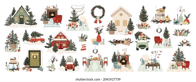 Christmas home interior with holiday decorations wreath, tree, gift, candles, table with food, fireplace with armchair. Cozy winter outside house interior. Vector illustration in cartoon flat style