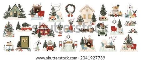 Christmas home interior with holiday decorations wreath, tree, gift, candles, table with food, fireplace with armchair. Cozy winter outside house interior. Vector illustration in cartoon flat style