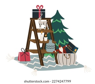 Christmas home interior. Traditional decorations for apartment for winter holiday. Gifts, candles and Santa Claus at Christmas tree. Happy New Year. Cartoon flat vector illustration isolated on white