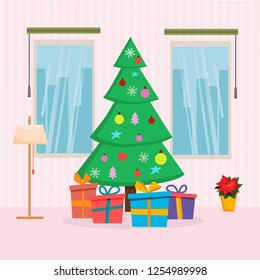 Christmas Home interior with tree, presents, window and lamp. Flat cartoon style vector illustration. Christmas and New Year cards