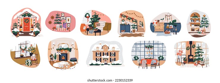Christmas home interiors decorated with holiday ornament, Xmas decoration. Rooms indoors, house outdoor with cozy New Year adornment. Flat graphic vector illustration isolated on white background