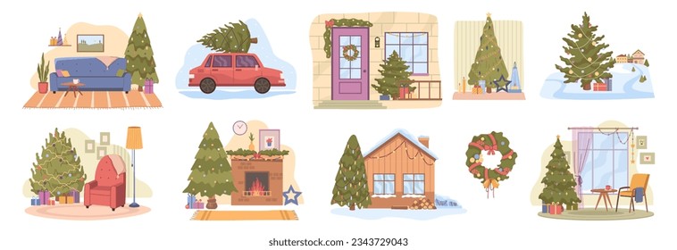 Christmas home interiors decorated with holiday fur tree Xmas decoration flat cartoon vector illustration. Rooms indoors, house outdoor with cozy New Year adornment, houses and living rooms set