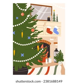 Christmas home, living room interior with fireplace, fir tree, candles, socks. Xmas fire place, winter holiday decorations. New Year party festive atmosphere. Flat vector illustration