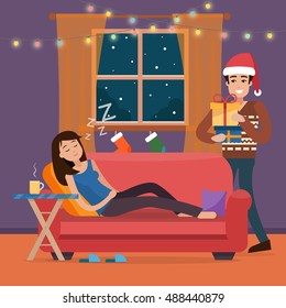 Christmas home. Man in Santa hats gives gifts dreaming woman on sofa. Family celebration. Flat style vector illustration.