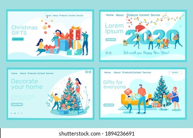 Christmas Home and Office Party Celebration. Trendy Flat Landing Page Set Design. Cartoon People Prepare Rooms for Holidays. Man and Woman Choose Gifts. Relatives Have Fun. Vector Flat Illustration