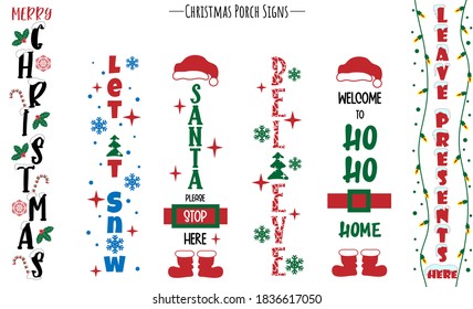 Christmas Home Porch Signs set. Vertical signs for winter holidays collection. Front Porch Sign. Use for printing, crafting, posters, cards, home signs. Vector illustration.