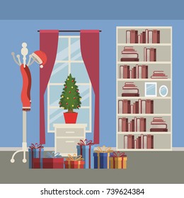 christmas home scene with window background and bookshelf of books with small christmas tree in pot over table and gifts vector illustration