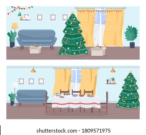 Christmas home semi flat vector illustration set. New Year eve in household. Christmas tree and garland. Holiday dinner. Festive household 2D cartoon landscape for commercial use collection