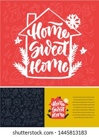Christmas "Home sweet home" hand drawn lettering. Calligraphy on red background. Composition for banner, postcard, poster design element stories, posts, etc. Vector eps10