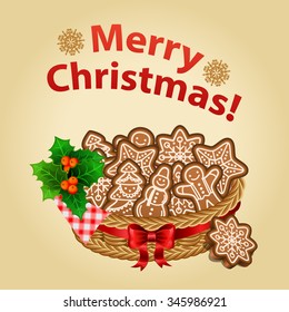 Christmas homemade cookie with decorations, traditional dessert. Vector illustration