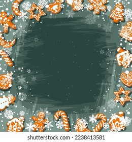 Christmas homemade gingerbread cookies and snowflakes isolated on dark green blue background. Place for text. Cartoon hand drawn vector illustration.