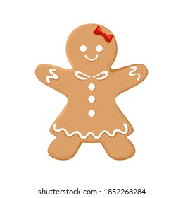 Christmas homemade gingerbread girl. Festive cookies isolated on white background. Vector illustration in cartoon flat style. Decoration for the holiday.