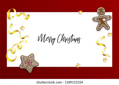 Christmas homemade gingerbread. Realistic holiday vector background illustration. Xmas traditional ginger decor. Golden serpentine confetti.