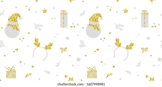 
Christmas hoop with deer horns. Gold, shiny Christmas details. Christmas accessories. Winter presents and a snowman. New Year print. christmas set