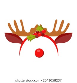 Christmas hoop with reindeer antlers in flat design. Hat with ears, horns, holly. Vector illustration isolated.