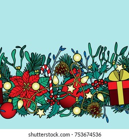 Christmas horizon seamless border. Colorful new year wallpaper on blue background for greeting cards, mock ups with text place, postcards and textile prints.