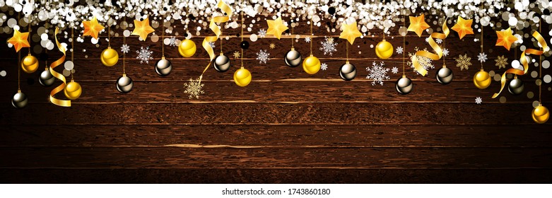 Christmas horizontal background of beautiful Christmas decorations on a vintage wooden background. Vector illustration