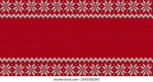 Christmas horizontal background with classic winter sweater design. Nordic knitted pattern with snowflakes and borders. Vector illustration.