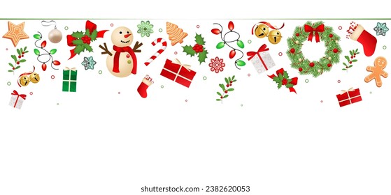 Christmas horizontal background with colorful realistic decorations