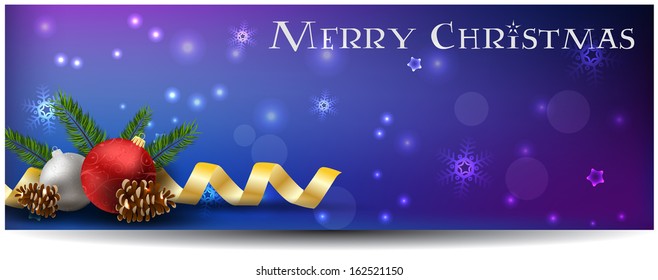 Christmas horizontal background with decoration of red baubles, fir branches, ribbons and conifer cones