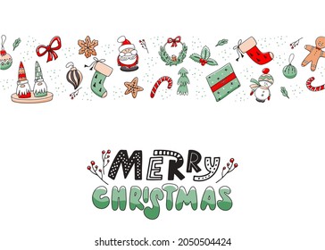 Christmas horizontal background with doodles and lettering. Merry Christmas inscription. Vector illustration with hand drawn elements