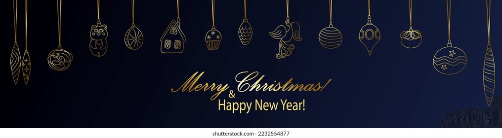 Christmas horizontal background with golden ornaments handing on string. Line xmas baubles and toys isolated on dark blue backdrop. Banner template Vector illustration