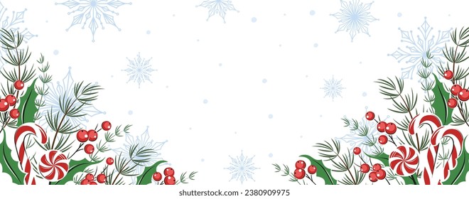 Christmas horizontal banner, background decorated with different winter plants and sweets. Vector illustration