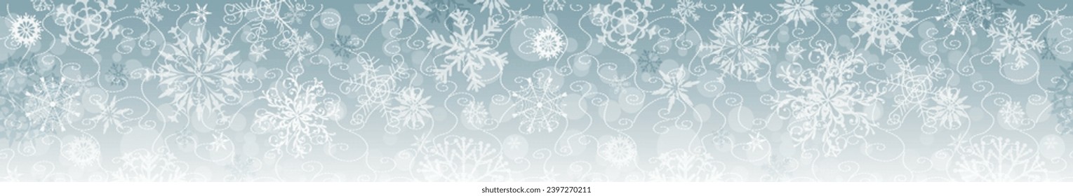 Banner de Navidad horizontal o fondo con muchos copos de nieve de varias formas, tamaños y transparencia. Gradiente de azul a blanco.