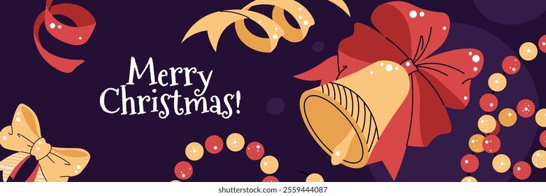 Christmas horizontal banner with Christmas Bell, Red Bow and garland in Flat Style. Vector illustration for poster, banner, invitation, etc.