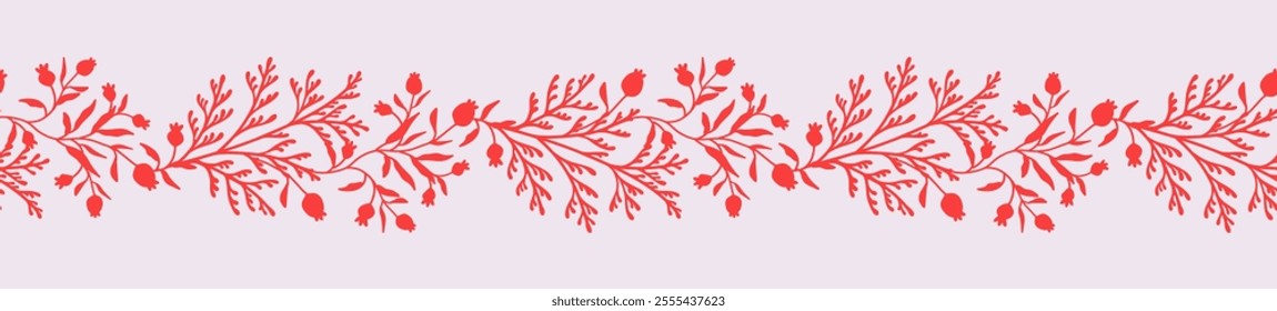 Christmas horizontal banner with berries and pine branches on a white background.  Decorative vector seamless border. Elegant winter botanical pattern for invitation, greeting card, cover, packaging