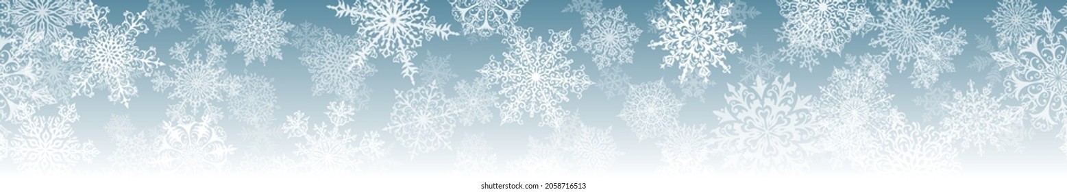 Christmas horizontal  banner of big and small complex snowflakes with seamless horizontal repetition, in light blue colors. Winter background with falling snow
