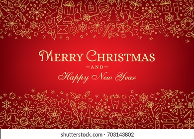 Christmas horizontal banner with borders from line art decorations. Holiday red background with linear golden texture and season greetings