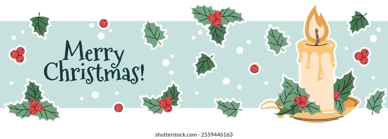 Christmas horizontal banner with a Christmas candle and holly branches in a flat style. Vector illustration for poster, banner, invitation, etc.