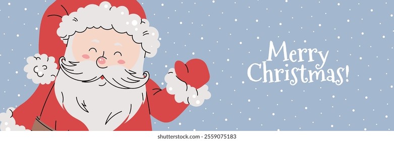 Christmas horizontal banner with cheerful Santa Claus in red suit waving hand on snowy blue background in flat cartoon style. Vector illustration for poster, banner, invitation, etc