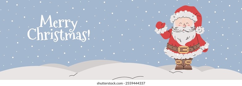 Christmas horizontal banner with cheerful Santa Claus in red suit waving hand on snowy blue background in flat cartoon style. Vector illustration for poster, banner, invitation, etc