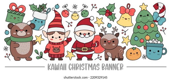 Christmas horizontal banner with cute kawaii characters for kids. Vector Santa Claus standing with deer, elf, bear, tree, present. Cute New Year illustration. Funny winter holiday party set for kids
