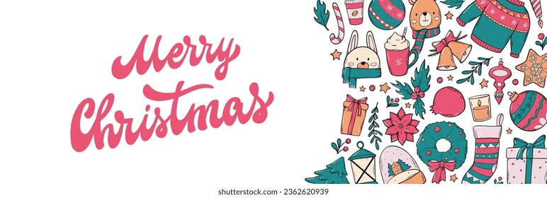 Christmas horizontal banner deocrated with doodles and lettering quote. Social media template, leaflet, invitation, etc. EPS 10