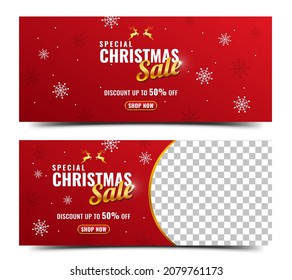 Christmas Horizontal Banner Design Collection. Editable Modern Banner With Place For The Photo. Usable For Banner, Card, Cover, Background,  Header, And Web.