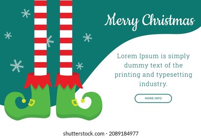 Christmas horizontal banner with elf feet in green boots and striped leggings. Vector illustration.