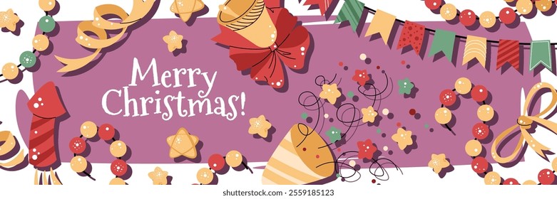 Christmas horizontal banner with fireworks, a party popper, a garland, and confetti on a pink background in a flat cartoon style. Vector illustration for poster, banner, invitation, etc.