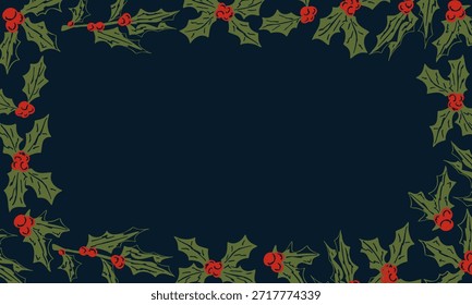 Navidades Horizontal marco de Anuncio con muérdago, hojas verdes y bayas rojas. Vector dibujado a mano Plantilla vintage sobre fondo azul oscuro para tarjeta de felicitación, cartel, invitación con espacio de copia